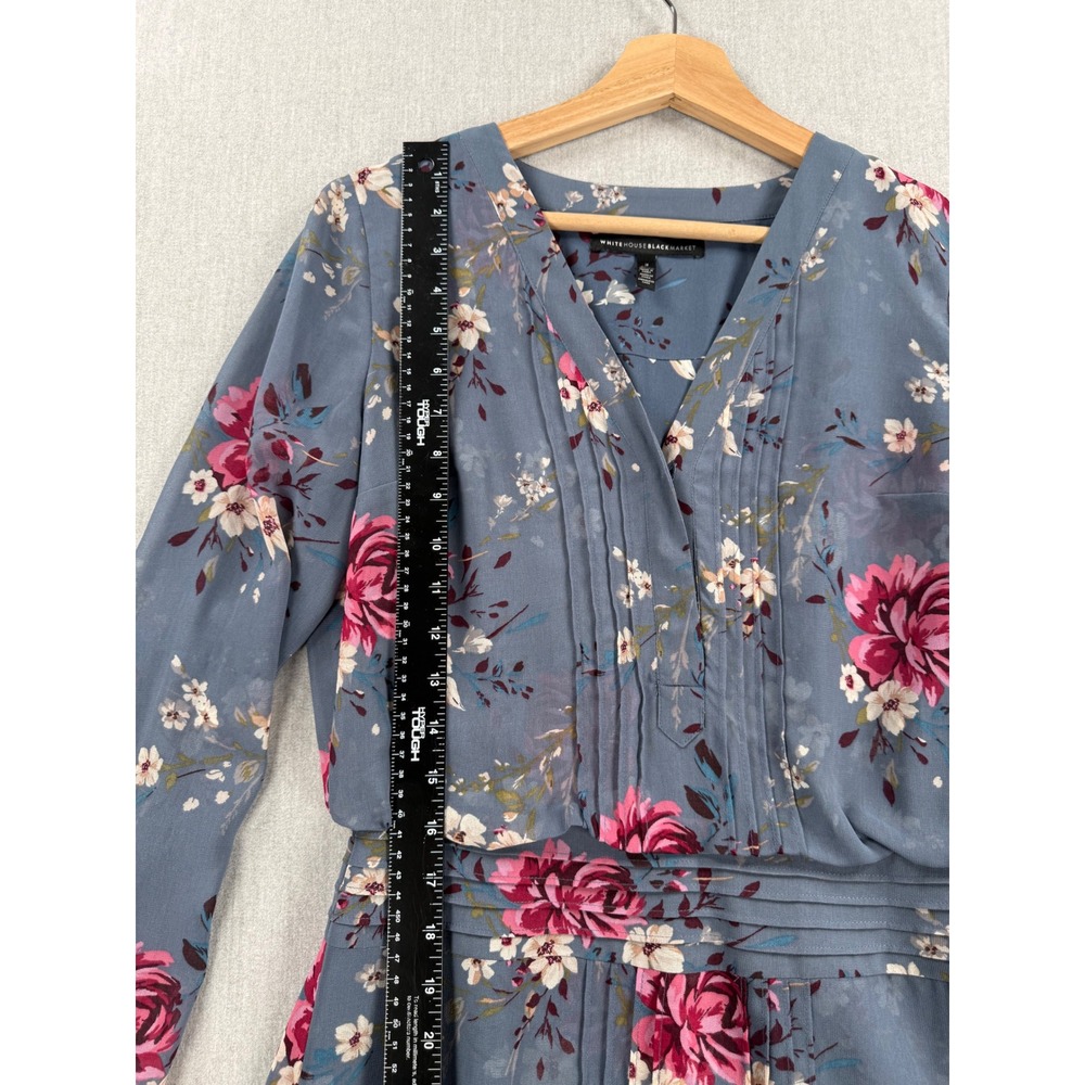 White House Black Market Blue Floral Pintuck Pleat Long Sleeve Dress Size 2 - Picture 9 of 14